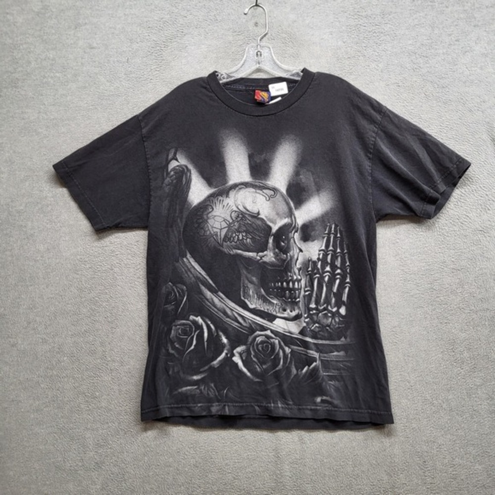 VINTAGE OG Abel Men Shirt Large Black Y2K Grunge Skull Rose Short‎ Sleeve Tee